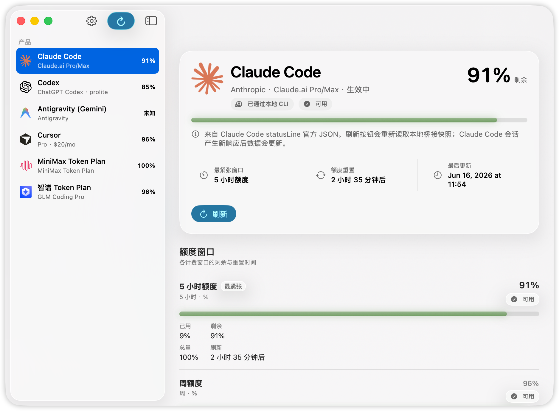 TokensUsage 主窗口：左侧产品列表，右侧显示 Claude Code 当前剩余 91% 与各计费窗口